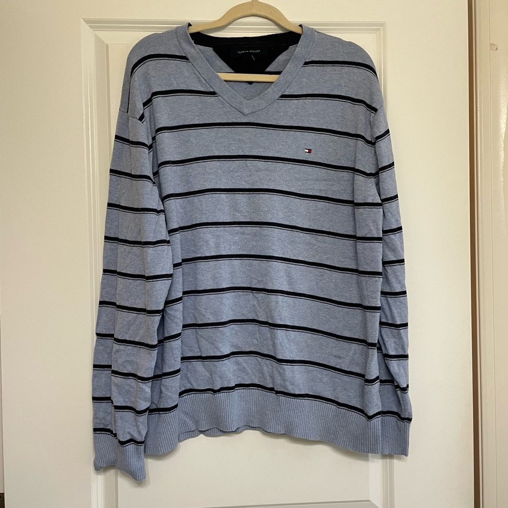 Tommy Hilfiger Men's Light Blue V-Neck Sweater with Black Stripes